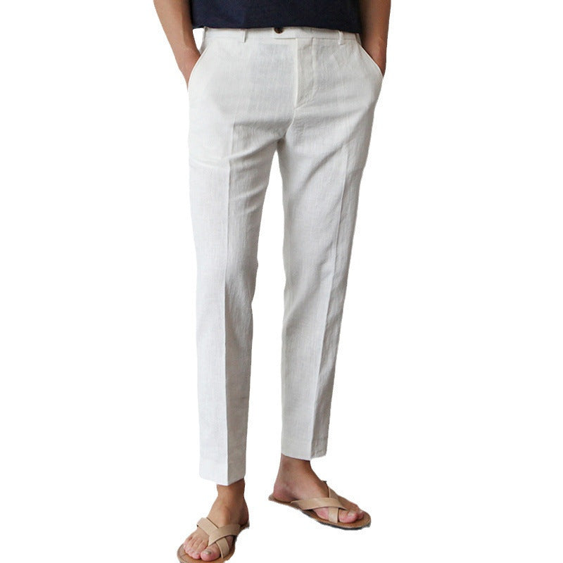 White For Men Cotton Fabric Cropped Linen Trousers