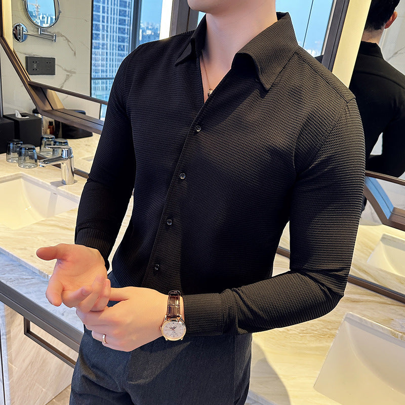 Waffle V-neck Thick Long Sleeves Shirt