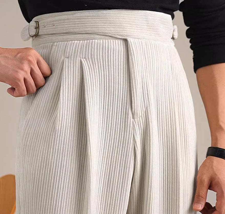 Men's High Waisted Vintage Corduroy Double Pleated Straight Leg Pants