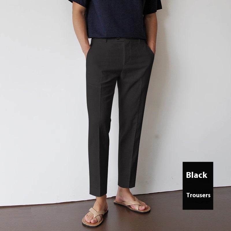 White For Men Cotton Fabric Cropped Linen Trousers