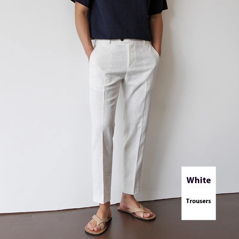 White For Men Cotton Fabric Cropped Linen Trousers