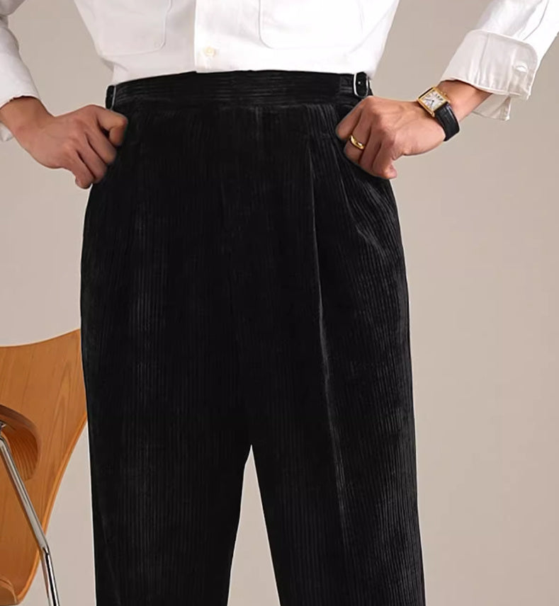 Men's High Waisted Vintage Corduroy Double Pleated Straight Leg Pants