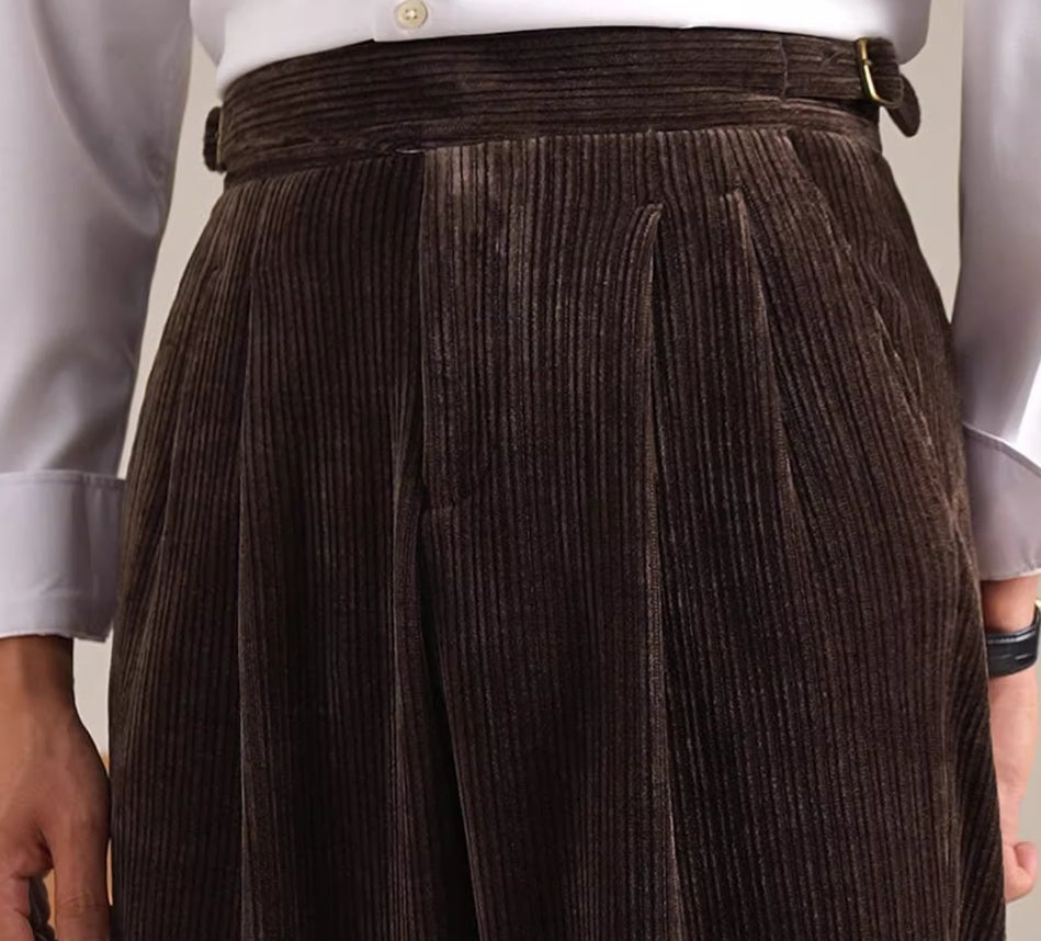 Men's High Waisted Vintage Corduroy Double Pleated Straight Leg Pants