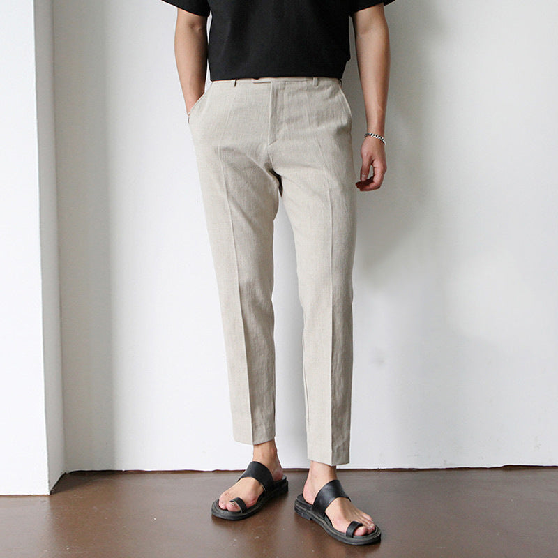 White For Men Cotton Fabric Cropped Linen Trousers