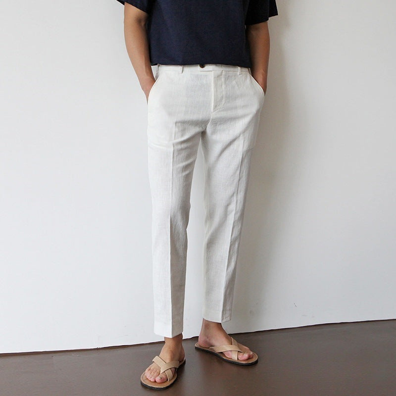 White For Men Cotton Fabric Cropped Linen Trousers