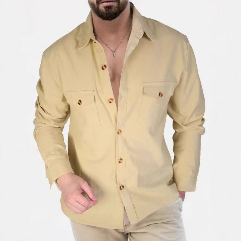 Casual Loose V-neck Solid Color Top Button Chest Pocket Shirt