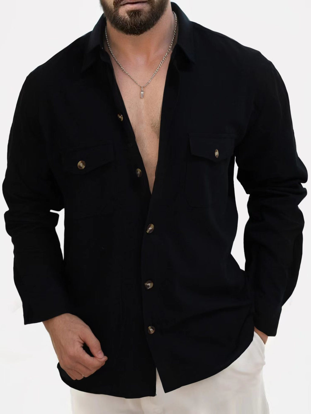Casual Loose V-neck Solid Color Top Button Chest Pocket Shirt