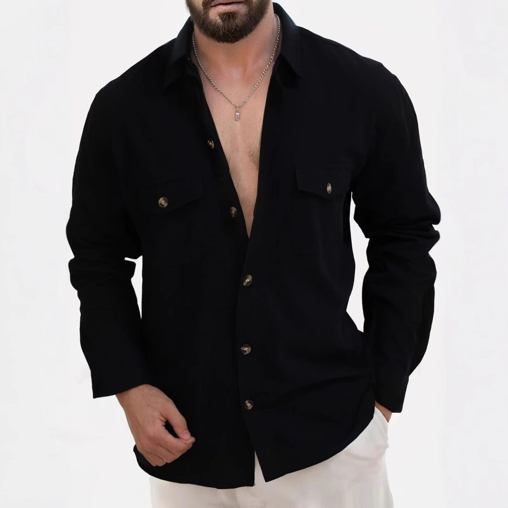 Casual Loose V-neck Solid Color Top Button Chest Pocket Shirt
