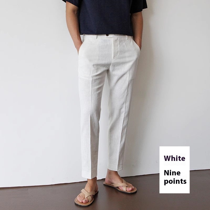 White For Men Cotton Fabric Cropped Linen Trousers
