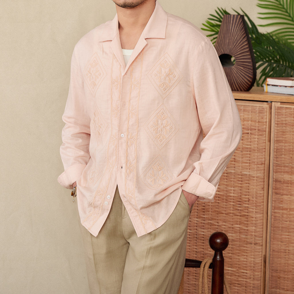 Cotton And Linen Thin Embroidery Cuban Collar Long Sleeve Sunscreen Shirt