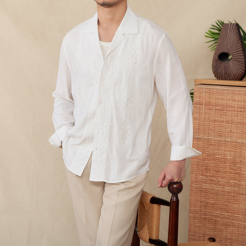 Cotton And Linen Thin Embroidery Cuban Collar Long Sleeve Sunscreen Shirt