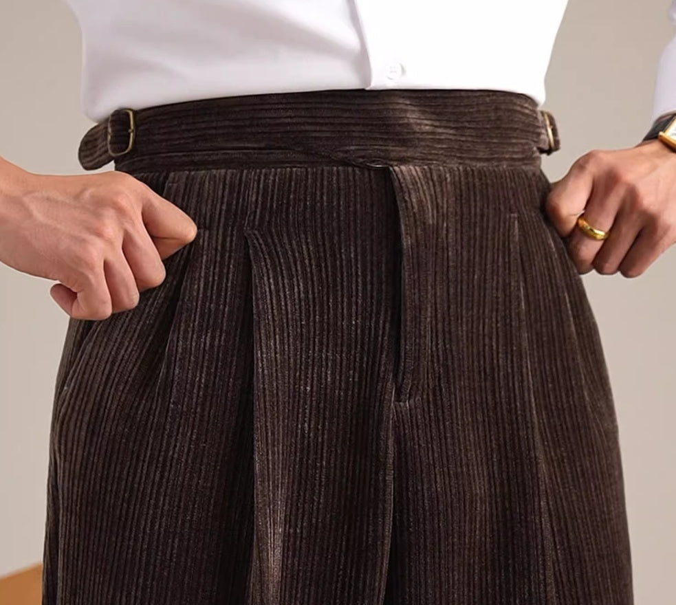 Men's High Waisted Vintage Corduroy Double Pleated Straight Leg Pants